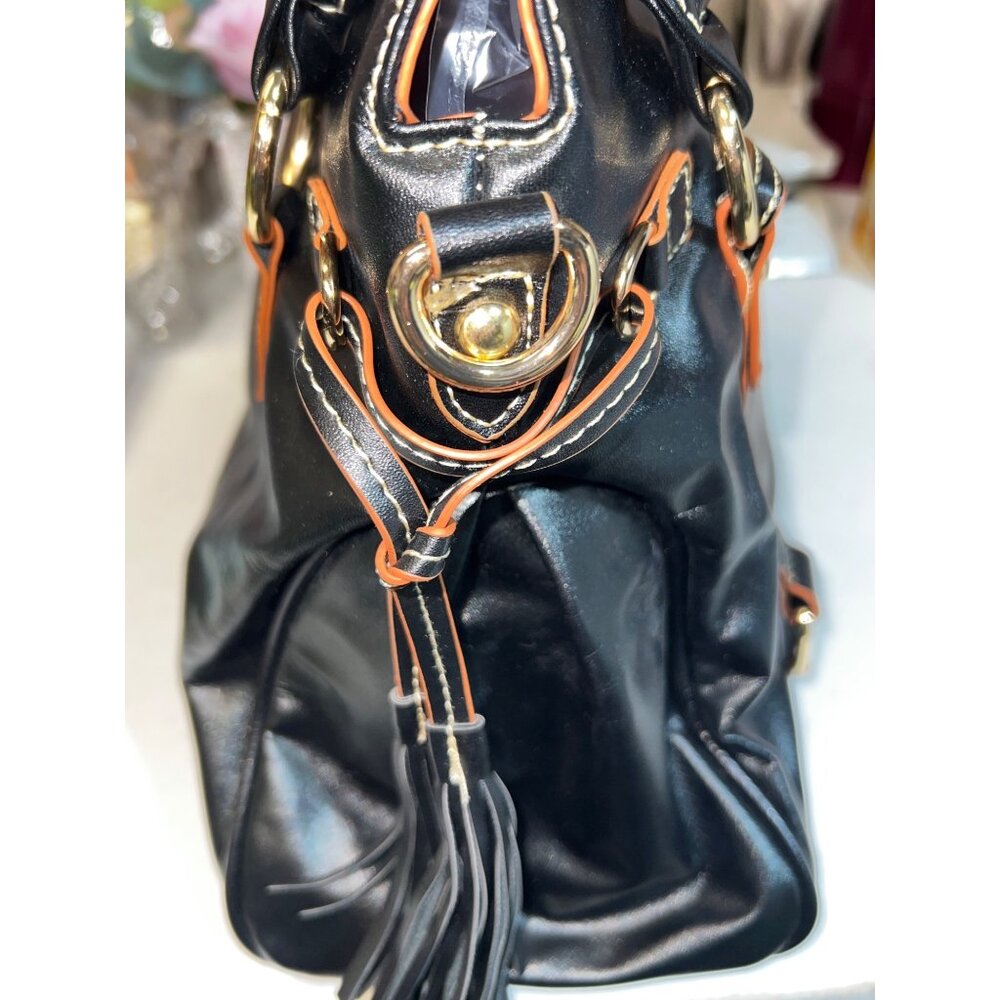 Black Leather Handbag w Gold Hardware & Tassel Accents Red Interior Pockets - Picture 3 of 9